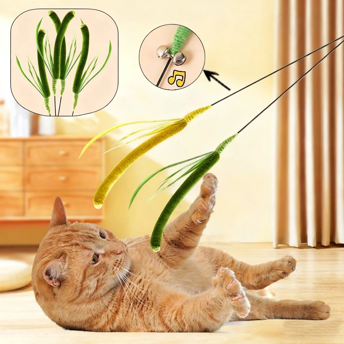 Mozie Cat Feather Teasing Wand – Interactive Play Stick with Feather & Grass Tip - Mozie
